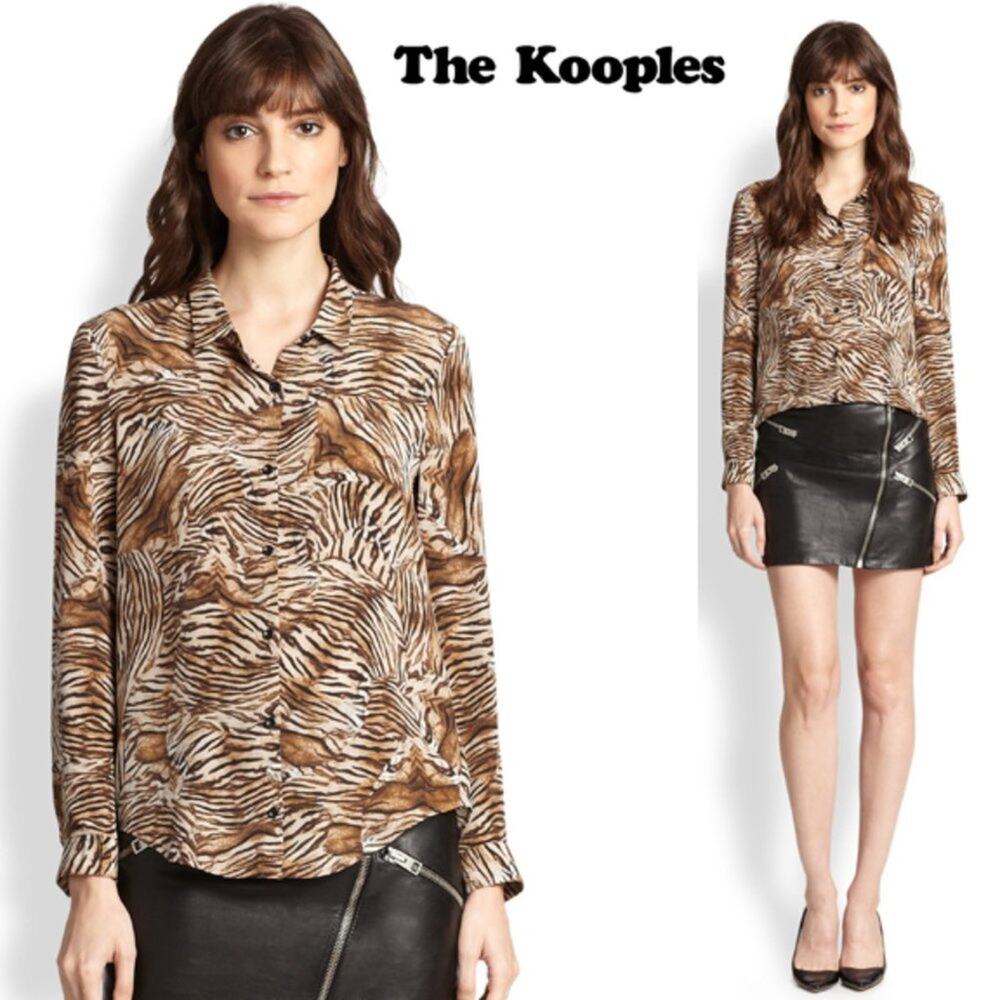The Kooples Size 6 Tiger Silk Crepe de Chine Shirt Quiet Luxury Preppy
